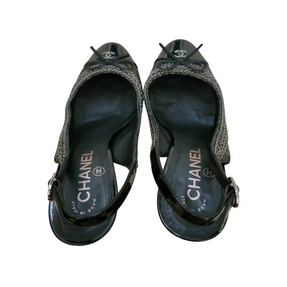 Chanel Vintage Platform Slingback Cap Toe Heels Logo CC Bow Leather 7 37.5 G2677 - Picture 9 of 14
